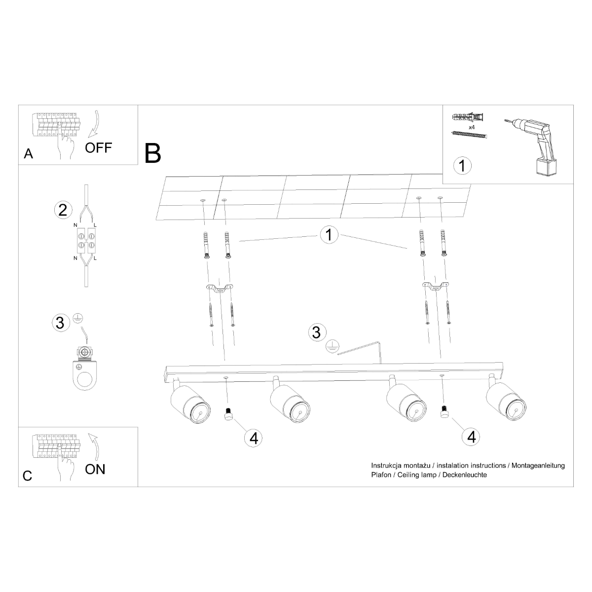 Stropna svetilka NERO 4 črna/zlata (81x5x18cm)
