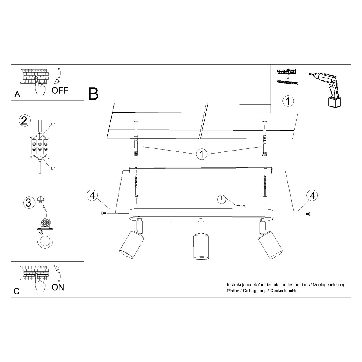 Stropna svetilka FORNES 3 črna (40x6x13.5cm)