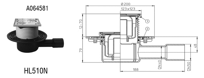 HL talni odtok DN40/50 123x123mm (115x115mm)