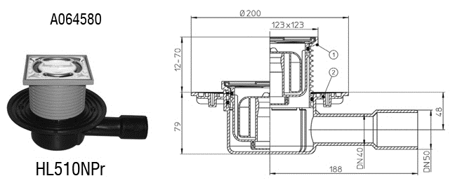 HL talni odtok DN40/50 123x123mm (115x115mm) s smradno zaporo