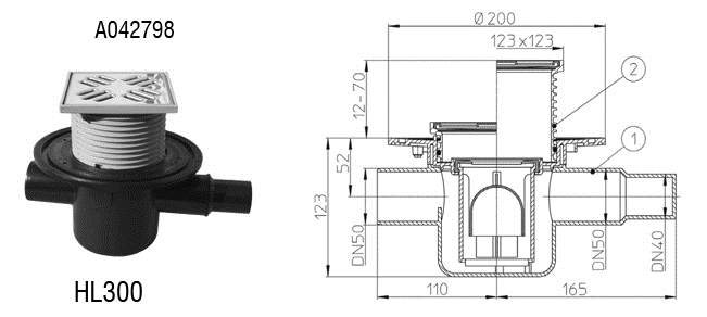 HL talni odtok DN50 123x123mm (115x115mm) z dotokom DN40/50