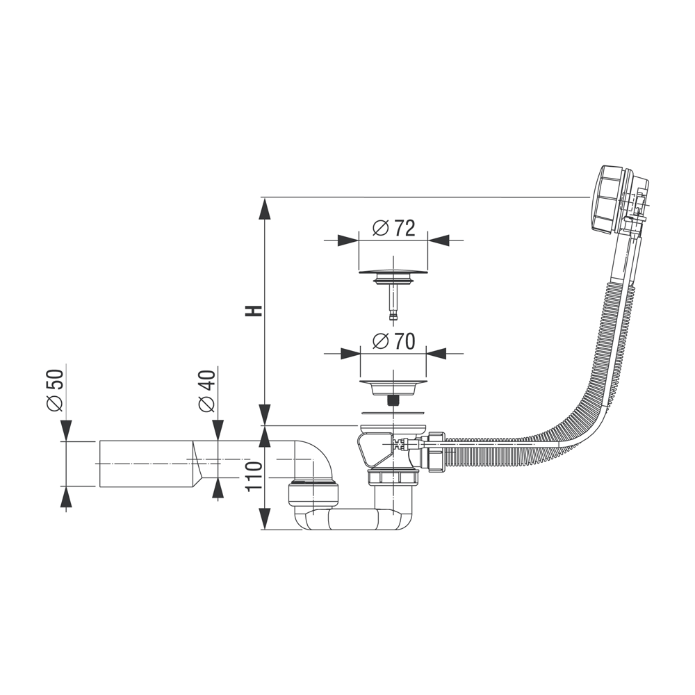 Sifon za kopalno kad LIV art. 196664 (H=450, avt. z gumbom 70)