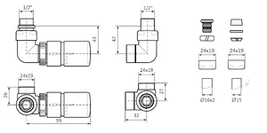Tehnična skica 3-osni termostatski (kotni LEVI set)