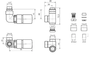 Tehnična skica 3-osni+G termostatski (kotni LEVI set)