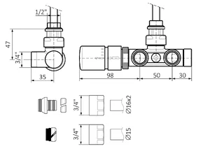 Tehnična skica spodnji enojni termostatski (KOTNI LEVI set)