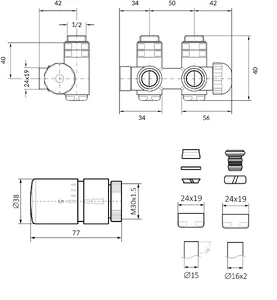 Tehnična skica spodnji+G termostatski (kotni DESNI)
