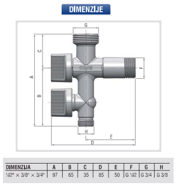 Kotni ventil Arco kombinirani - dimenzije