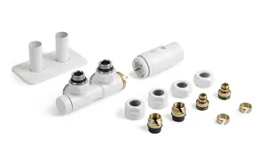 Set AllInOne Terma DESIGN radiatorski ventil, spodnji term., kotna DESNA izvedba, bela sijaj